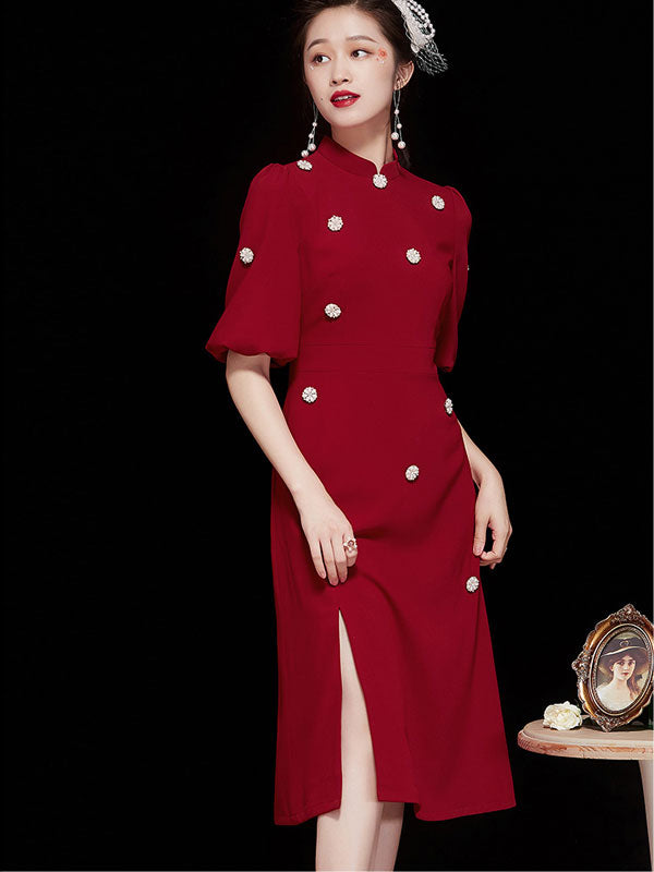 Puff Sleeve Beaded Mid Qi Pao Cheongsam Dress