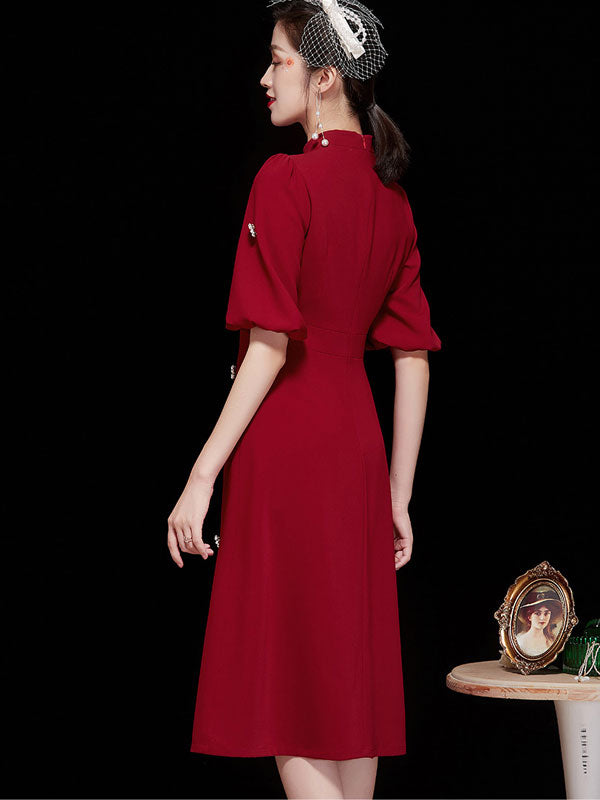 Puff Sleeve Beaded Mid Qi Pao Cheongsam Dress