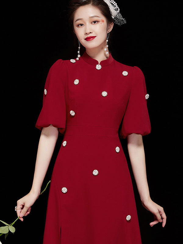 Puff Sleeve Beaded Mid Qi Pao Cheongsam Dress