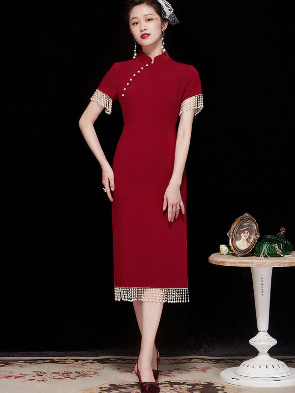 Beads Tassels Mid Modern Tea Cheongsam Qi Pao Dress