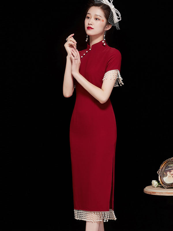 Beads Tassels Mid Modern Tea Cheongsam Qi Pao Dress