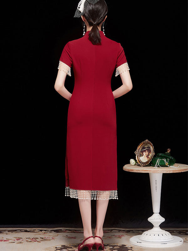 Beads Tassels Mid Modern Tea Cheongsam Qi Pao Dress