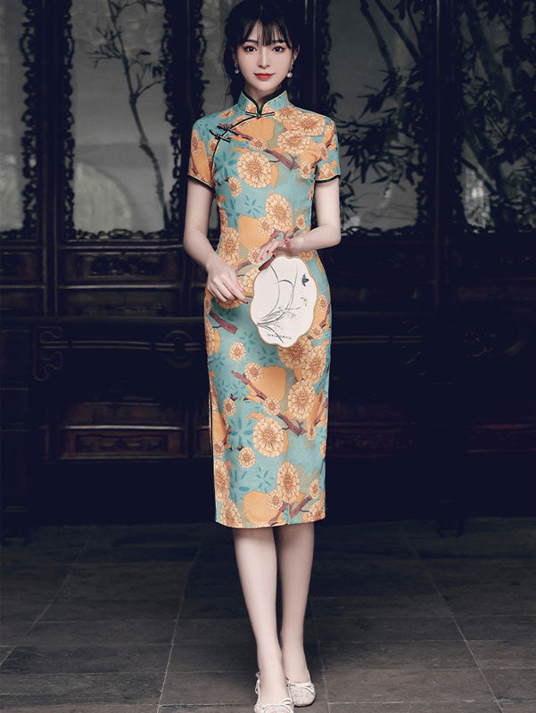 Daisy Floral Summer Mid Cheongsam Qi Pao Dress