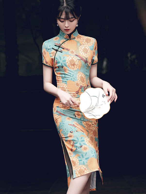 Daisy Floral Summer Mid Cheongsam Qi Pao Dress