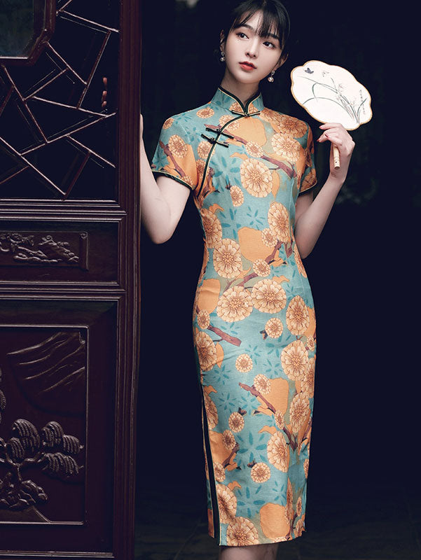 Daisy Floral Summer Mid Cheongsam Qi Pao Dress