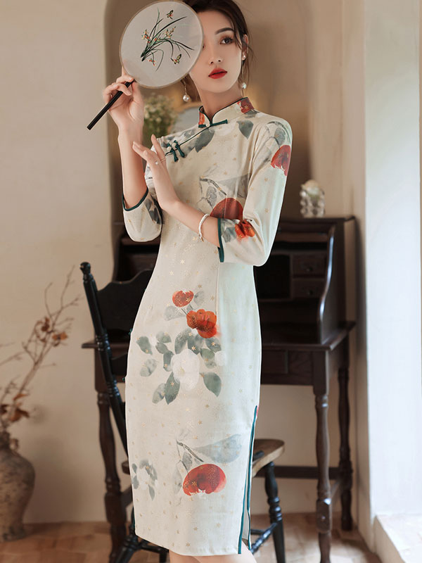 Bronzing Rose Print Mid Cheongsam Qi Pao Dress