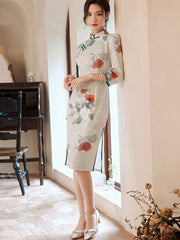 Bronzing Rose Print Mid Cheongsam Qi Pao Dress
