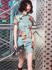 Blue Printed Modern Short Cheongsam Qi Pao Dress