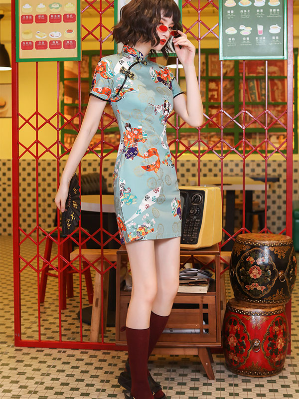 Blue Printed Modern Short Cheongsam Qi Pao Dress