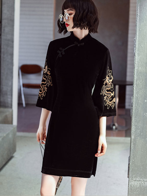 Black Embroidered Dragon Velvet Cheongsam Qi Pao Dress
