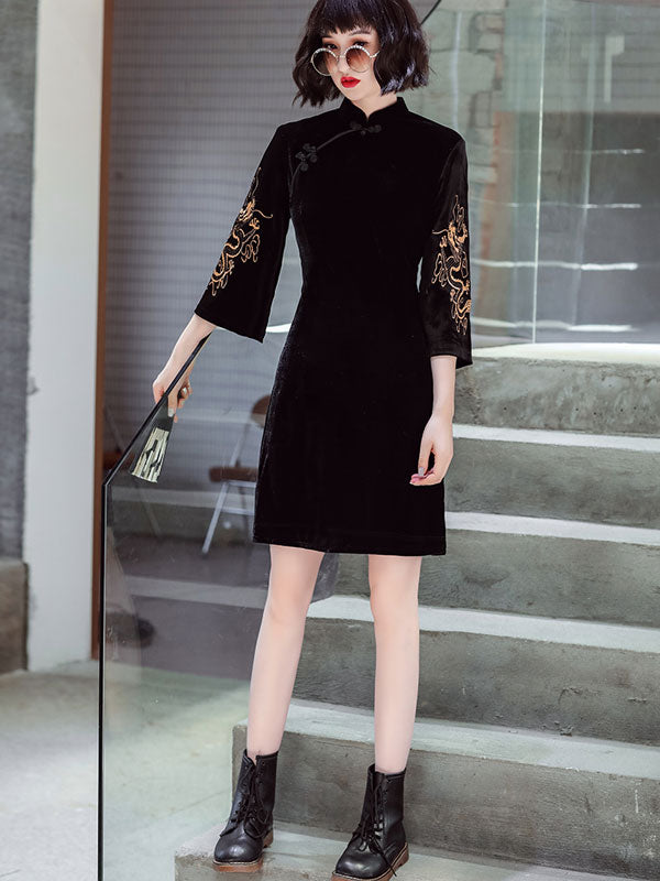 Black Embroidered Dragon Velvet Cheongsam Qi Pao Dress