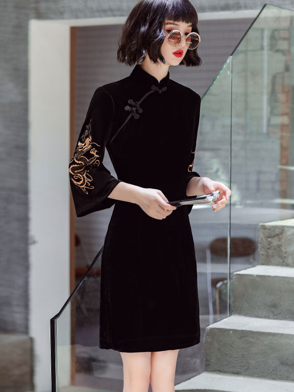 Black Embroidered Dragon Velvet Cheongsam Qi Pao Dress