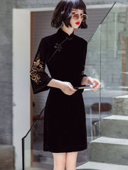 Black Embroidered Dragon Velvet Cheongsam Qi Pao Dress