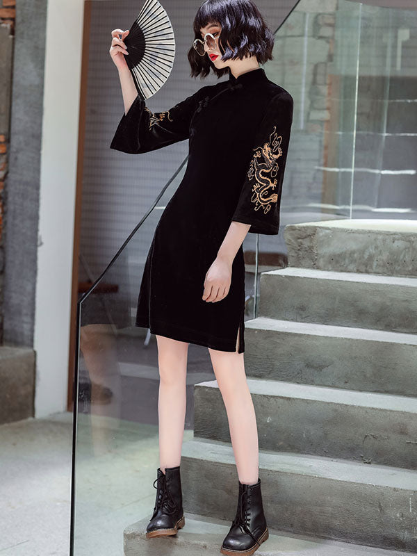 Black Embroidered Dragon Velvet Cheongsam Qi Pao Dress