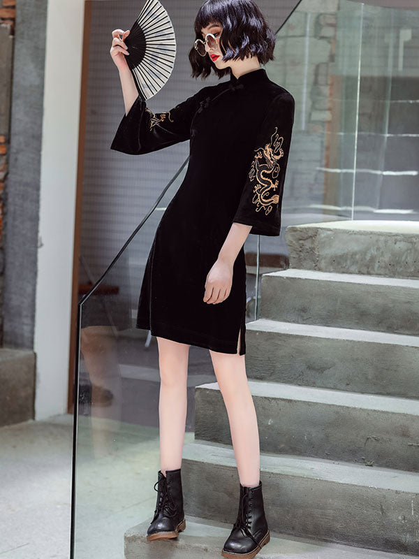 Black Embroidered Dragon Velvet Cheongsam Qi Pao Dress