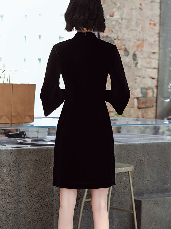 Black Embroidered Dragon Velvet Cheongsam Qi Pao Dress