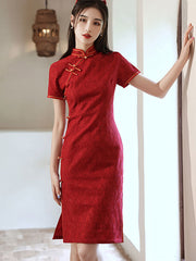 Beige Red Lace Modern Qi Pao Cheongsam Dress