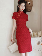 Beige Red Lace Modern Qi Pao Cheongsam Dress