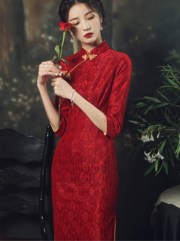 Red Lace Tea-Length Wedding Qi Pao Cheongsam Dress