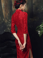 Red Lace Tea-Length Wedding Qi Pao Cheongsam Dress