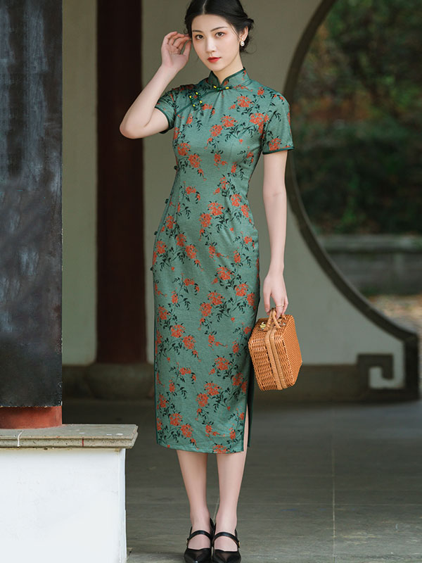 2022 Spring Green Floral Modern Cheongsam Qi Pao Dress
