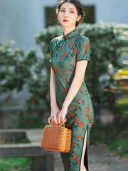 2022 Spring Green Floral Modern Cheongsam Qi Pao Dress