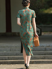2022 Spring Green Floral Modern Cheongsam Qi Pao Dress