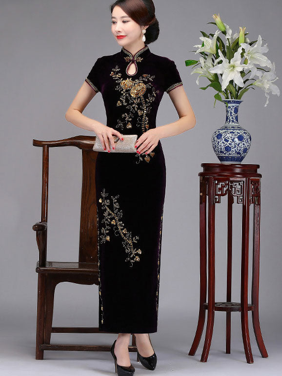 Mothers Maxi Velvet Cheongsam Qi Pao Dress with Beaded Floral