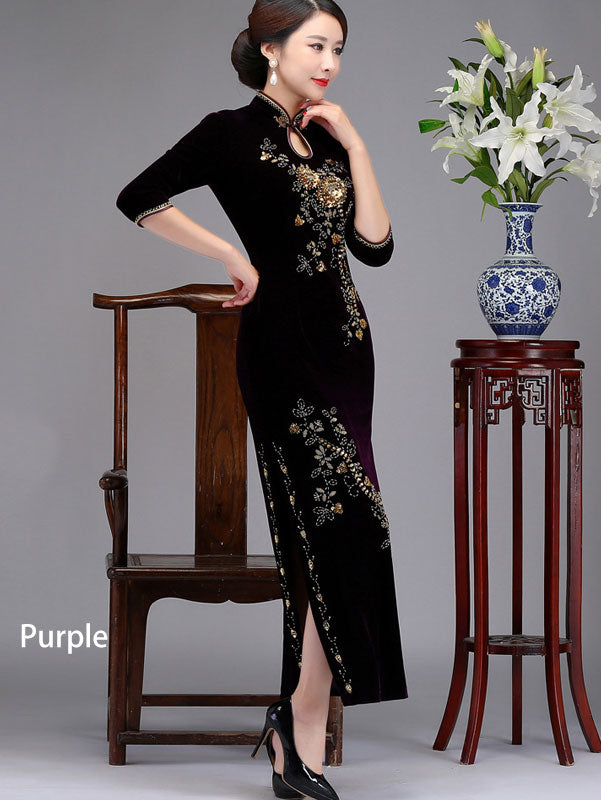 Mothers Maxi Velvet Cheongsam Qi Pao Dress with Beaded Floral
