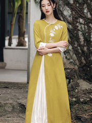 Yellow Green Embroidered A-Line Cheongsam Qi Pao Dress