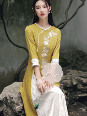 Yellow Green Embroidered A-Line Cheongsam Qi Pao Dress