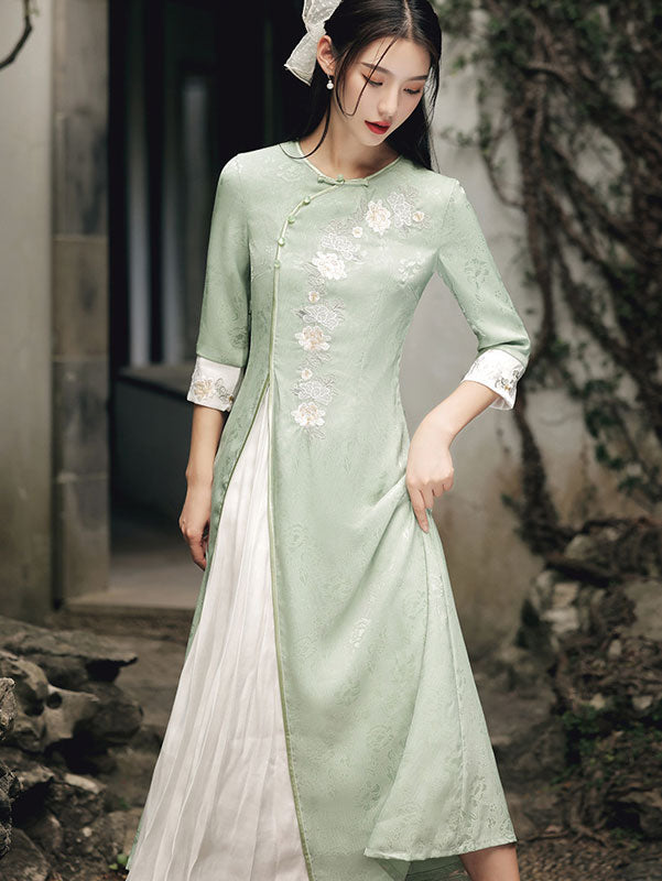 Yellow Green Embroidered A-Line Cheongsam Qi Pao Dress
