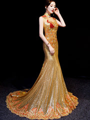 Gold Sequined Brush Train Phoenix Qi Pao Cheongsam Prom Dress