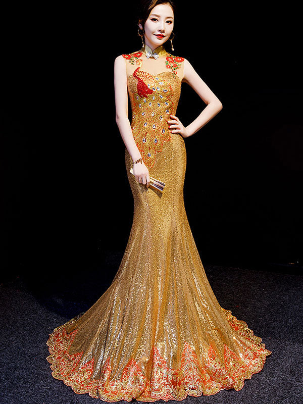 Gold Sequined Brush Train Phoenix Qi Pao Cheongsam Prom Dress