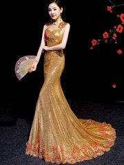 Gold Sequined Brush Train Phoenix Qi Pao Cheongsam Prom Dress