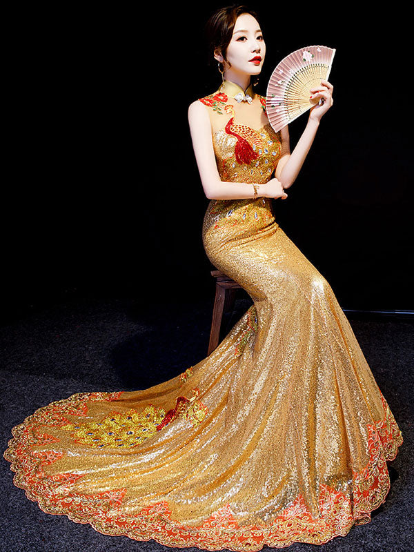 Gold Sequined Brush Train Phoenix Qi Pao Cheongsam Prom Dress