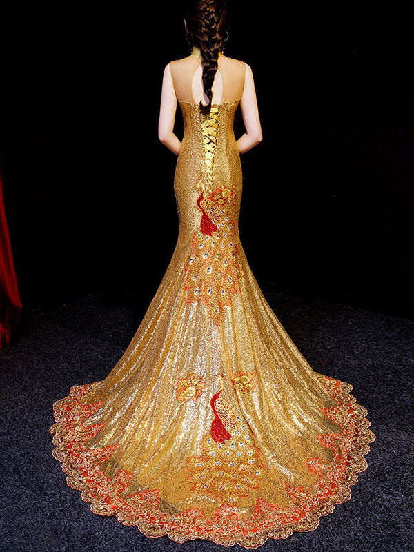 Gold Sequined Brush Train Phoenix Qi Pao Cheongsam Prom Dress