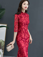 Champagne Red Lace Fishtail Cheongsam Qi Pao Prom Dress
