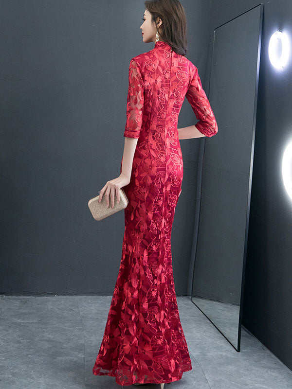 Champagne Red Lace Fishtail Cheongsam Qi Pao Prom Dress