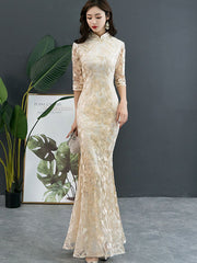Champagne Red Lace Fishtail Cheongsam Qi Pao Prom Dress