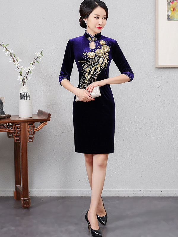 Beaded Velvet Mothers Midi Cheongsam Qi Pao Dress