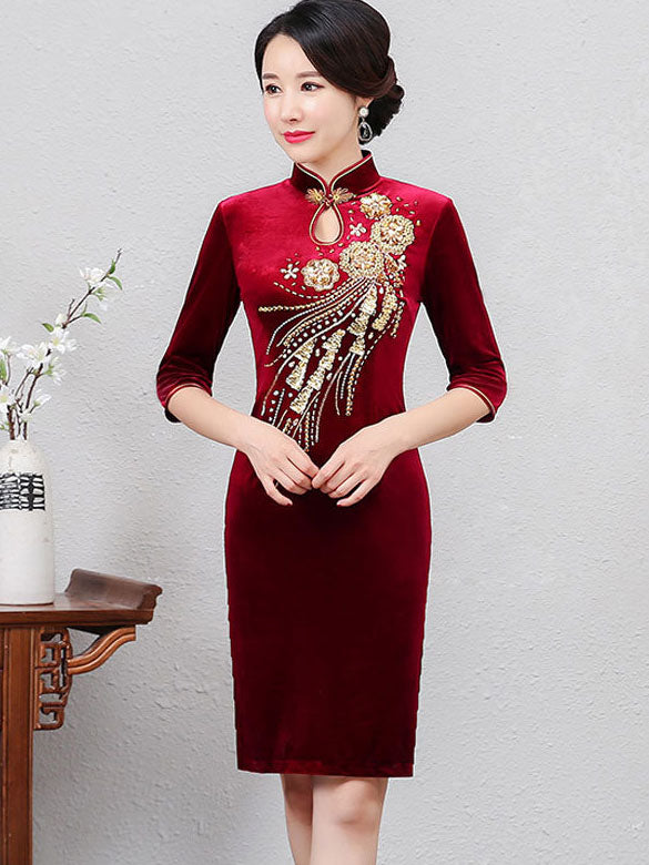Beaded Velvet Mothers Midi Cheongsam Qi Pao Dress