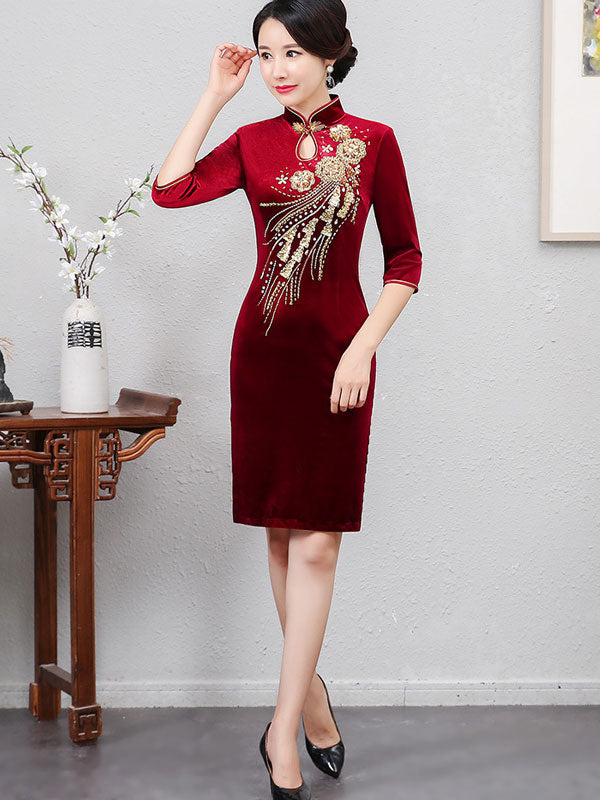 Beaded Velvet Mothers Midi Cheongsam Qi Pao Dress