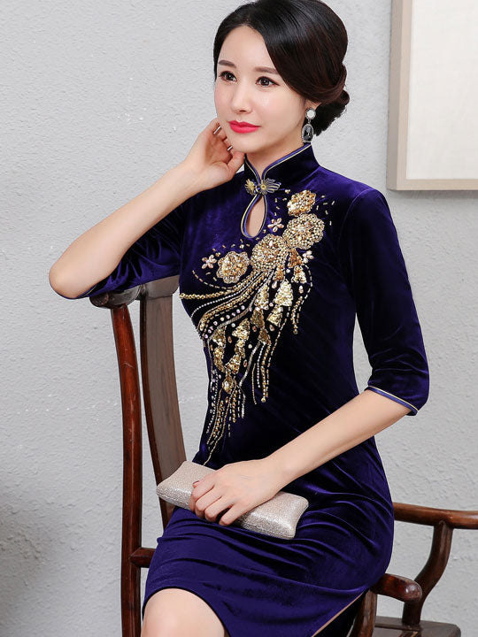 Beaded Velvet Mothers Midi Cheongsam Qi Pao Dress