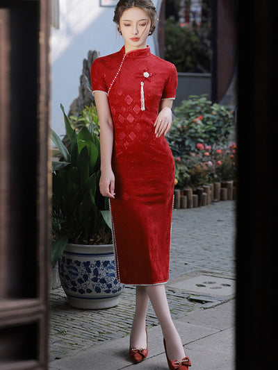 Red White Lace Pearl Engagement Cheongsam Qi Pao Dress