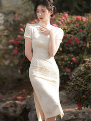 2022 Jacquard Pearl Midi Modern Cheongsam Qi Pao Dress