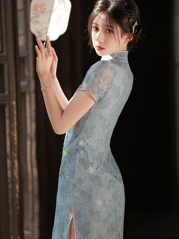 Blue Lace Embroidered Floral Midi Cheongsam Qi Pao Dress