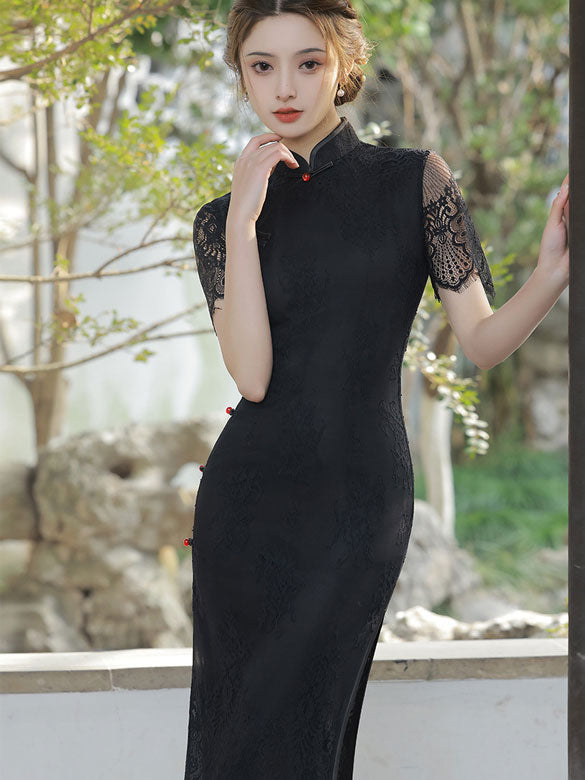 2022 Black Lace Modern Cheongsam Qi Pao Dress