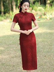 Burgundy Lace Midi Tea Cheongsam Qi Pao Dress