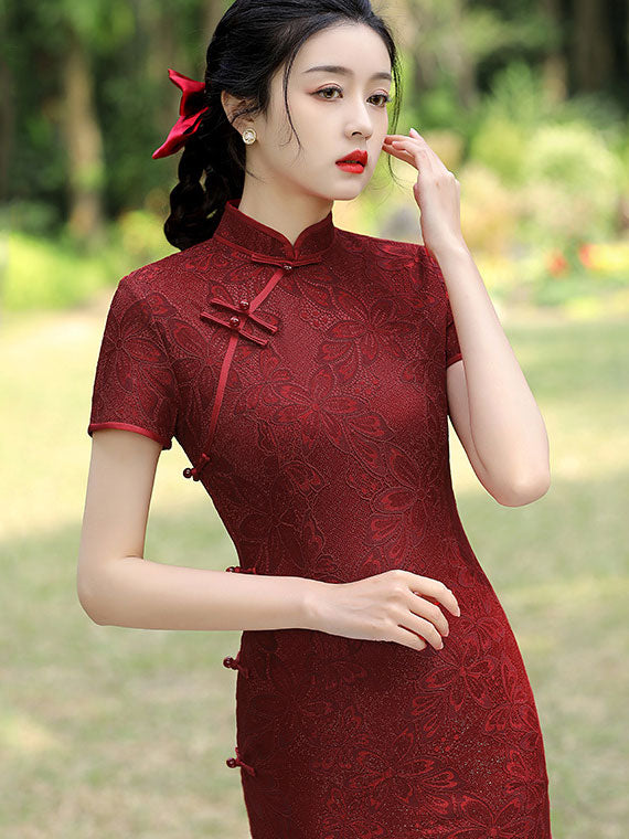 Burgundy Lace Midi Tea Cheongsam Qi Pao Dress